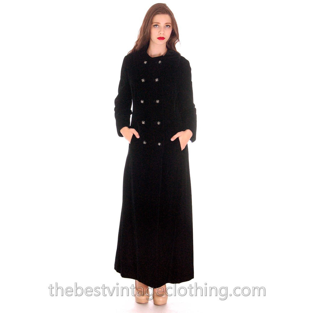 Vintage Coat Black Velvet Maxi Great Rhinestone Buttons 1970S M - The Best Vintage Clothing
 - 1