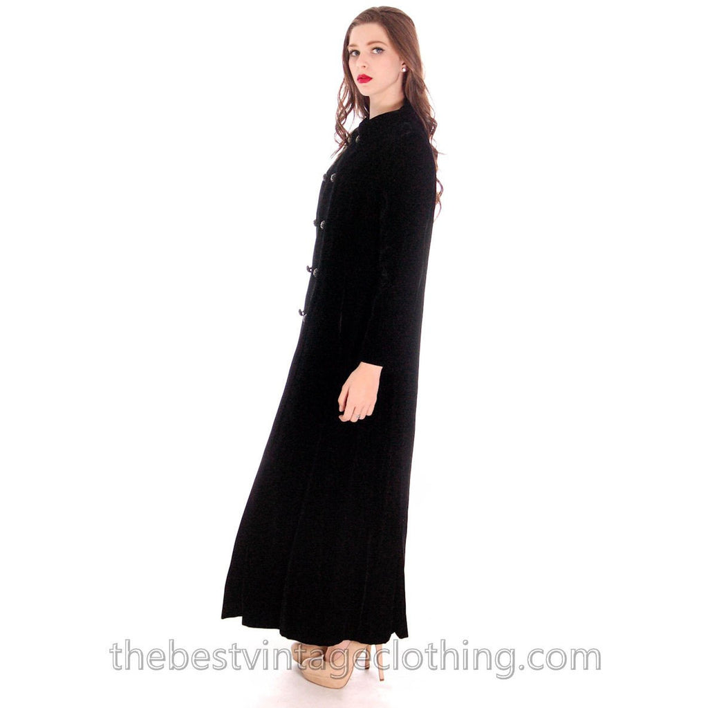 Vintage Long 1970s Coat Black Cotton Velvet Maxi Great Rhinestone Buttons M Cart2cart The Best Vintage Clothing