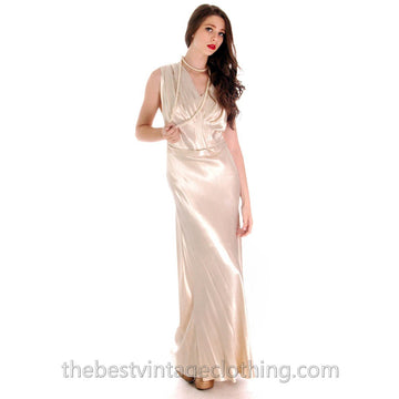 Vintage 1930s Candlelight Ivory Rayon Satin Bias Cut Gown Wedding Evening M L 42-36-48 The Best Vintage Clothing