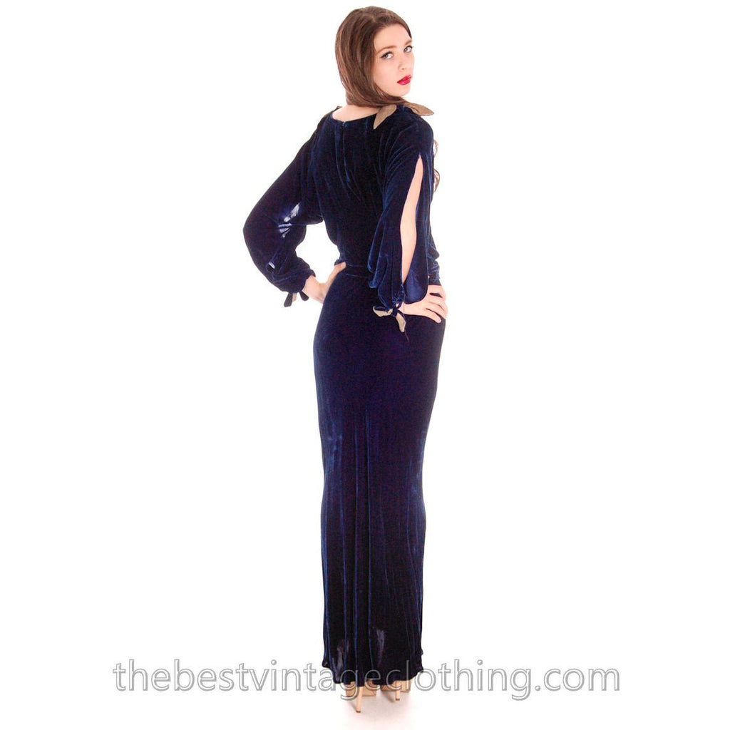 Vintage Womens 1930s Silk Velvet Evening Gown Cold Shoulder Bias Cut S Sapphire Blue 36-28-36 dress The Best Vintage Clothing