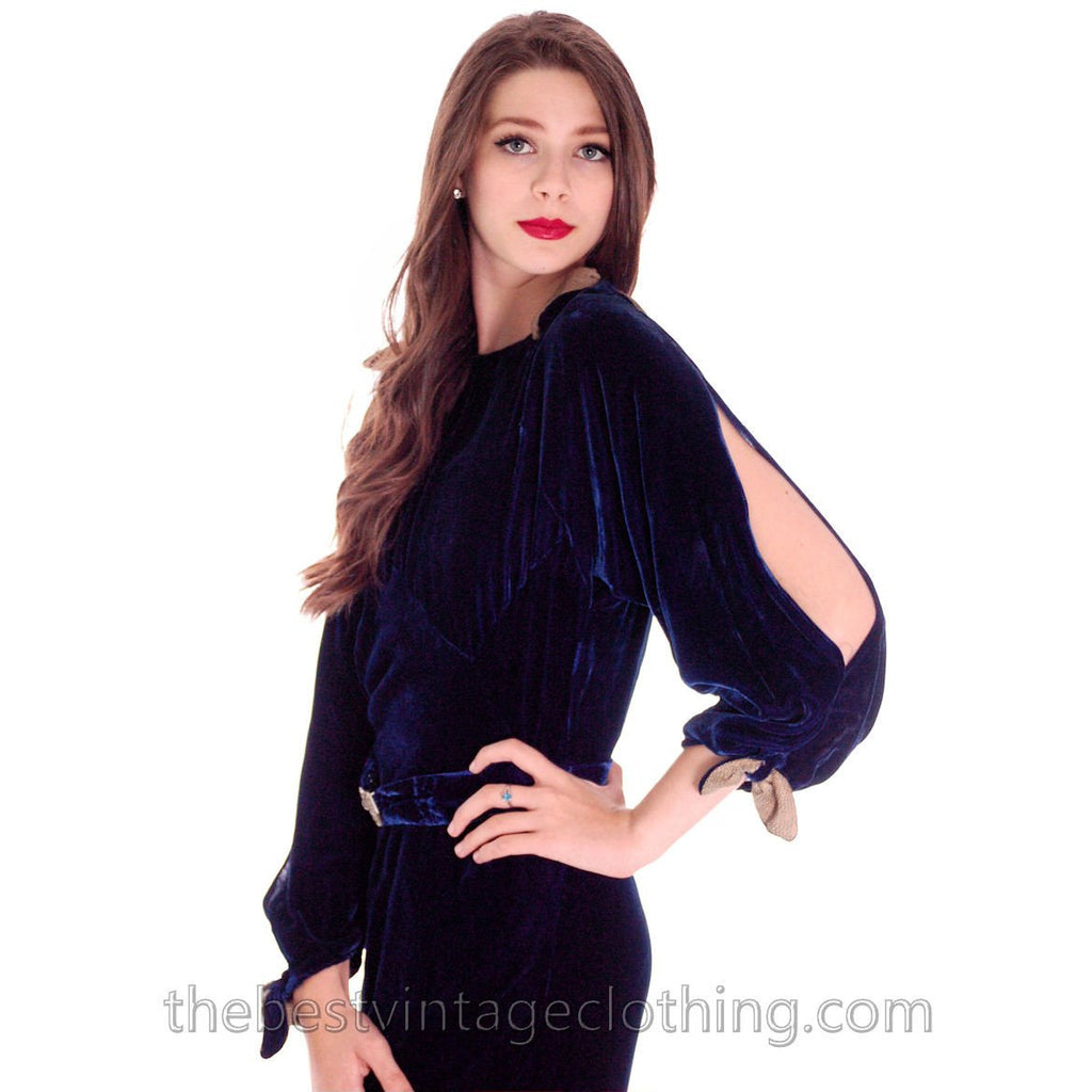 Vintage Womens 1930s Silk Velvet Evening Gown Cold Shoulder Bias Cut S Sapphire Blue 36-28-36 dress The Best Vintage Clothing