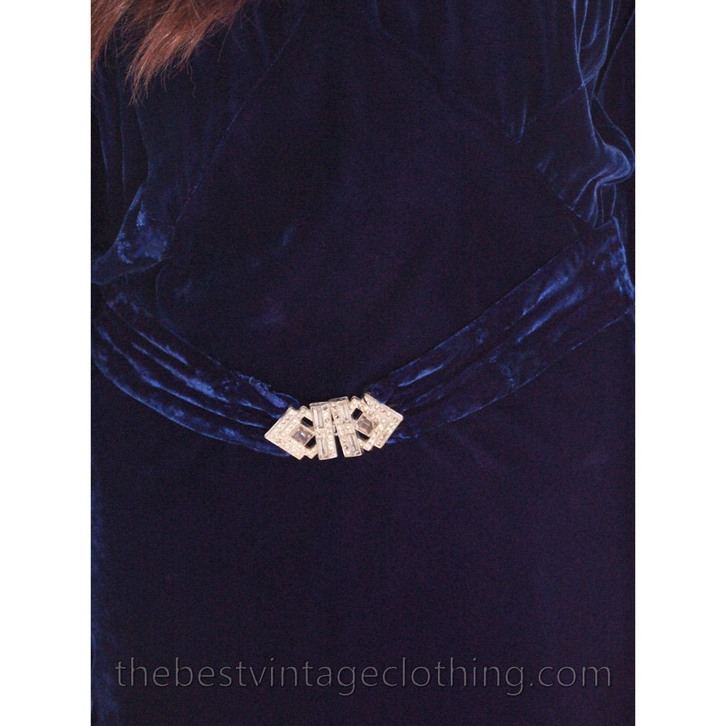 Vintage Womens 1930s Silk Velvet Evening Gown Cold Shoulder Bias Cut S Sapphire Blue 36-28-36 dress The Best Vintage Clothing