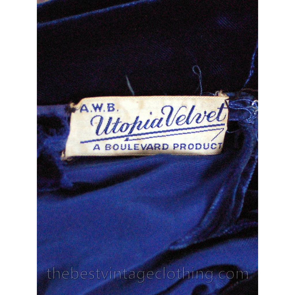 Vintage Womens 1930s Silk Velvet Evening Gown Cold Shoulder Bias Cut S Sapphire Blue 36-28-36 dress The Best Vintage Clothing