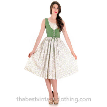 Adorable Fairy Kei Vintage 1950s Cotton Dress Print Green W Lace Up Corset Bea Butler S 33-22-Free The Best Vintage Clothing