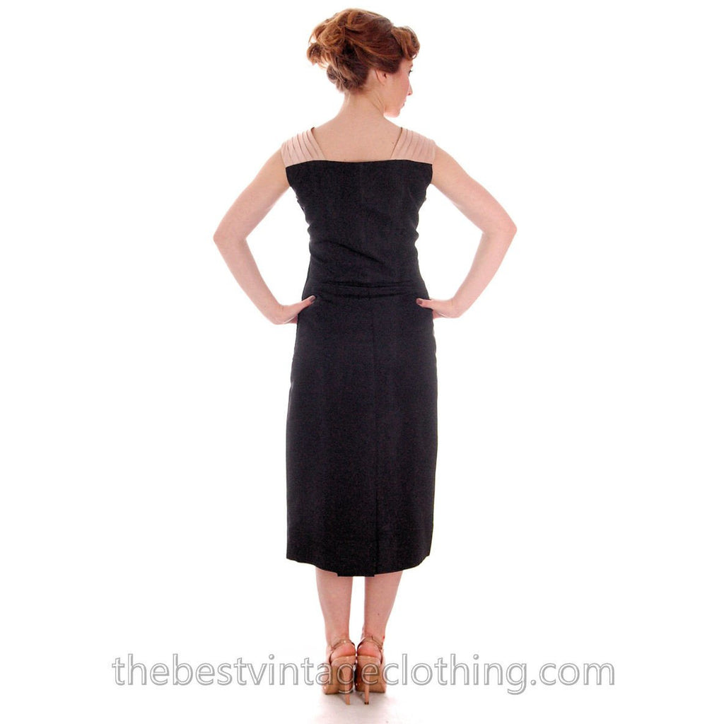 VTG 1950s MCM Wiggle Dress Black Silk & Beige Marilyn Monroe-ish L 40-28-40 LBD The Best Vintage Clothing