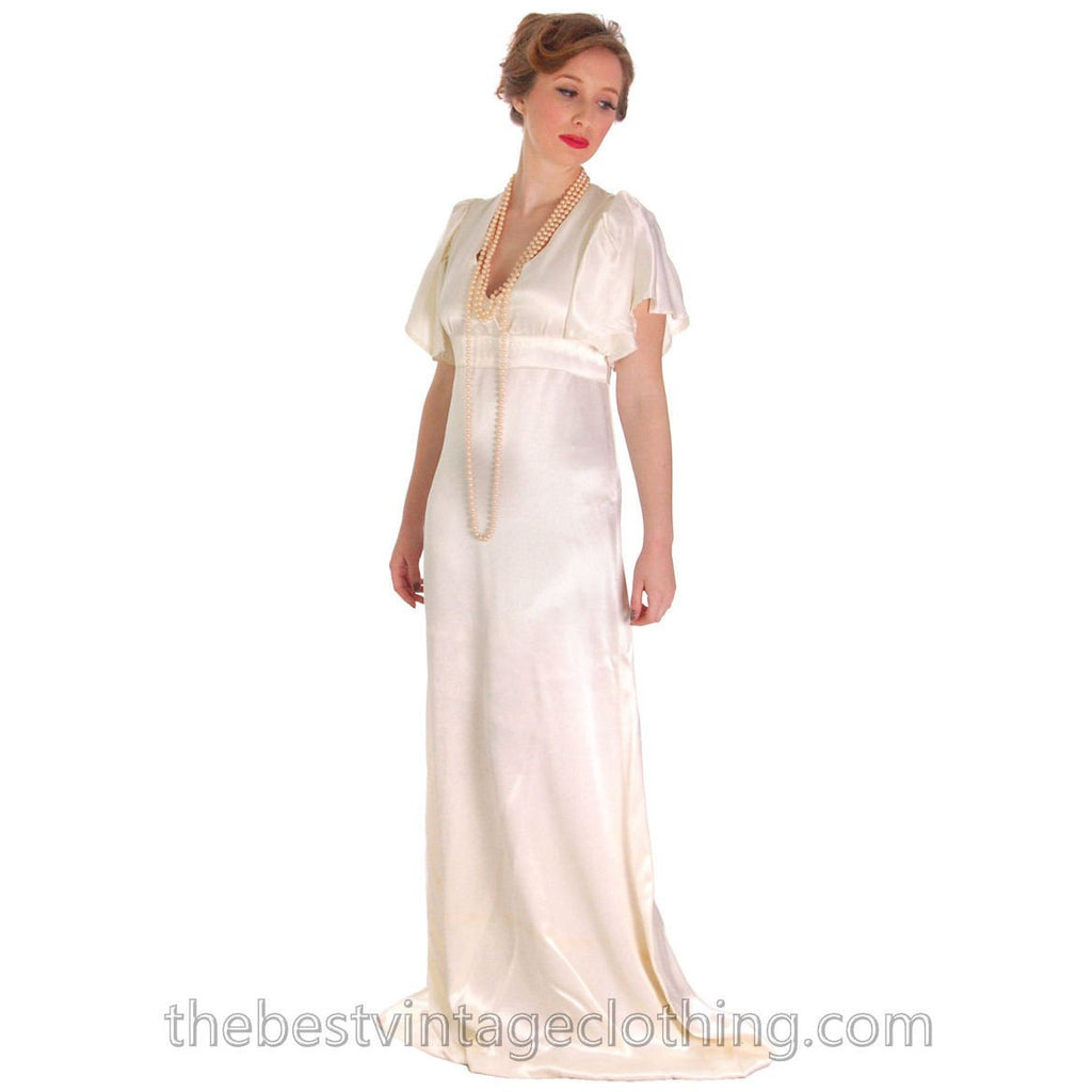Vintage Backless Ivory Satin Gown Wedding Party 1970s Empire Waist S 32-27-34 - The Best Vintage Clothing
