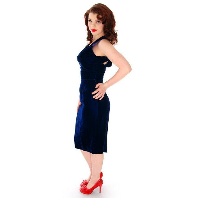 Hot Vintage Bombshell Cocktail Dress Deep Blue Velvet Halter Neckline Miss Jane 1950s 34-23-35 Women's,New Arrivals The Best Vintage Clothing
