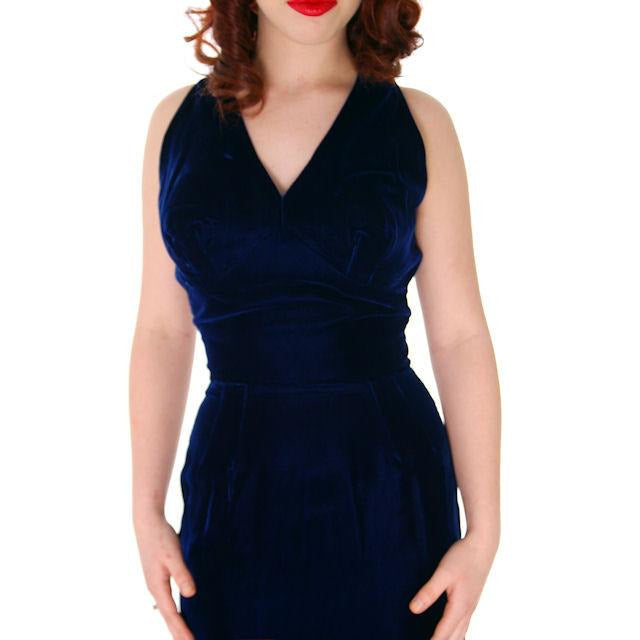 Hot Vintage Bombshell Cocktail Dress Deep Blue Velvet Halter Neckline Miss Jane 1950s 34-23-35 Women's,New Arrivals The Best Vintage Clothing