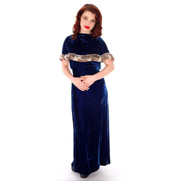 Stunning 1930s Vintage Blue Velvet Gown w/Ermine Trimmed Capelet Womens Dress 42-32-40 M Women's,New Arrivals The Best Vintage Clothing