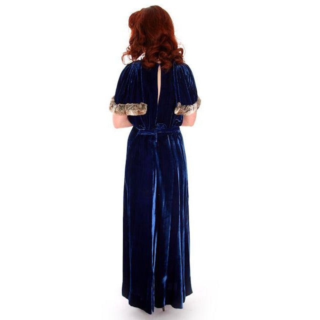 Stunning 1930s Vintage Blue Velvet Gown w/Ermine Trimmed Capelet Womens Dress 42-32-40 M Women's,New Arrivals The Best Vintage Clothing