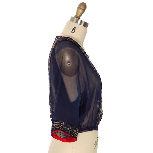 Vintage Antique Edwardian Navy Silk Pongee Blouse Embroidered Downton Abbey Era 48" Bust Women's,New Arrivals The Best Vintage Clothing