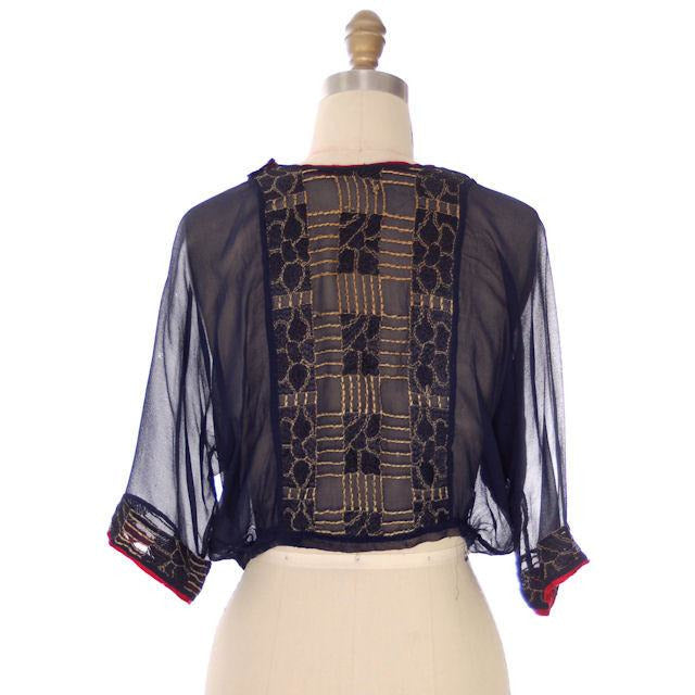 Vintage Antique Edwardian Navy Silk Pongee Blouse Embroidered Downton Abbey Era 48" Bust Women's,New Arrivals The Best Vintage Clothing