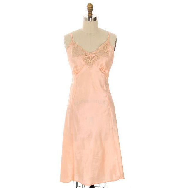 Vintage Full Slip Bias Cut Peach Rayon Satin w/ Lace & Bow Trim Sz 38 1930s Adso Women's,New Arrivals The Best Vintage Clothing