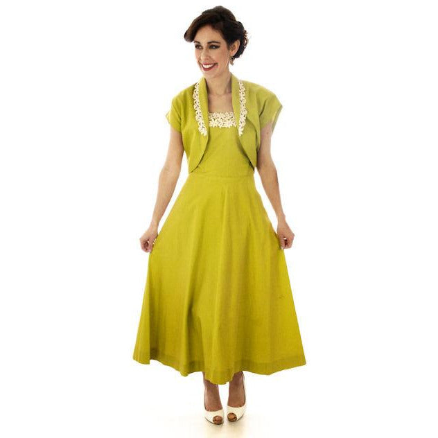 Vintage Sun Dress Chartreuse Green Cotton Full Skirt/Bolero Jacket 1940s 34-28-Free - The Best Vintage Clothing
 - 1