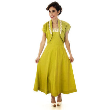 Vintage Sun Dress Chartreuse Green Cotton Full Skirt/Bolero Jacket 1940s 34-28-Free Women's,New Arrivals vendor-unknown