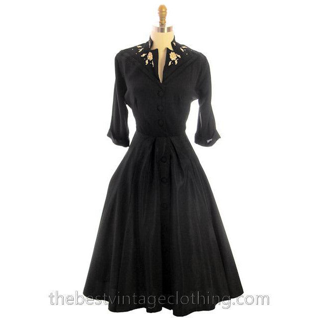 Vintage Black Taffeta Embellished Dress 1940s 34-27-46 Lucky Star - The Best Vintage Clothing
 - 1