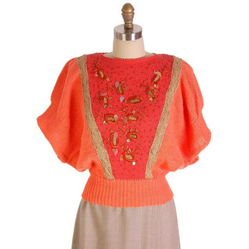 Vintage Womens Cotton Sweater Orange Beaded 1980s Goldbergs La Nuit M Women's,New Arrivals vendor-unknown