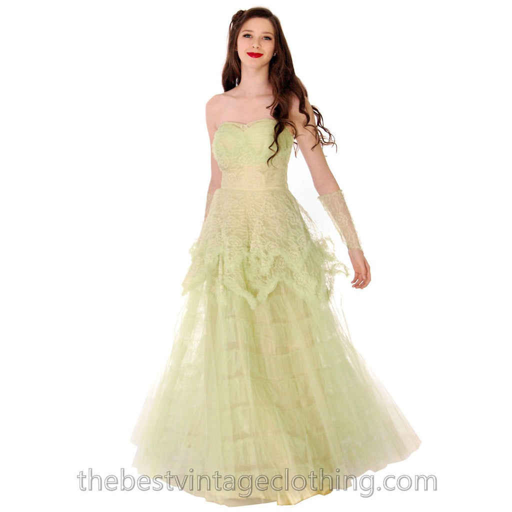 Vtg 1950s Strapless Pale Green Tulle w Wristlets Prom Party Evening Gown Dress S 32-25-Free dress The Best Vintage Clothing