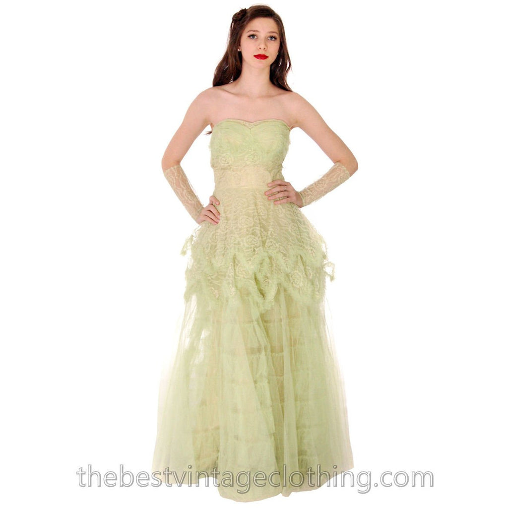 Vtg 1950s Strapless Pale Green Tulle w Wristlets Prom Party Evening Gown Dress S 32-25-Free dress The Best Vintage Clothing