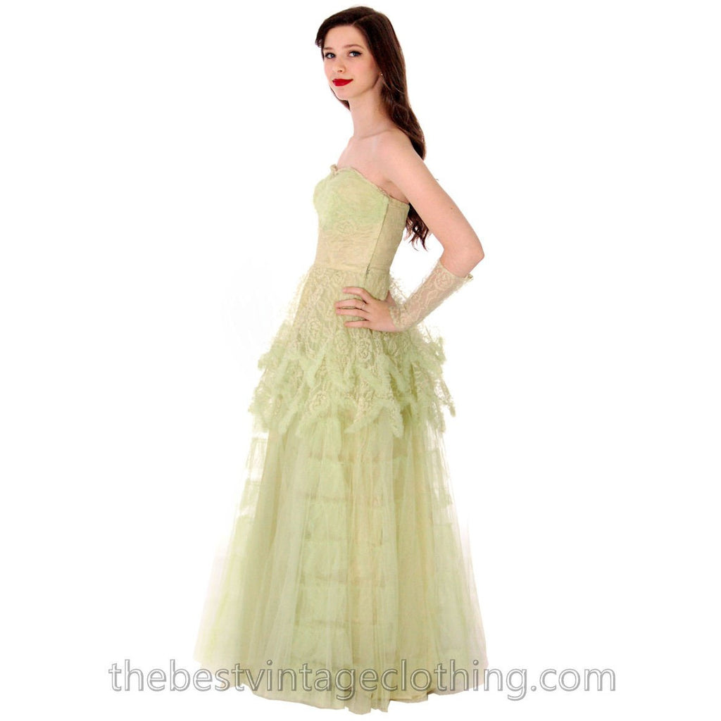 Vtg 1950s Strapless Pale Green Tulle w Wristlets Prom Party Evening Gown Dress S 32-25-Free dress The Best Vintage Clothing