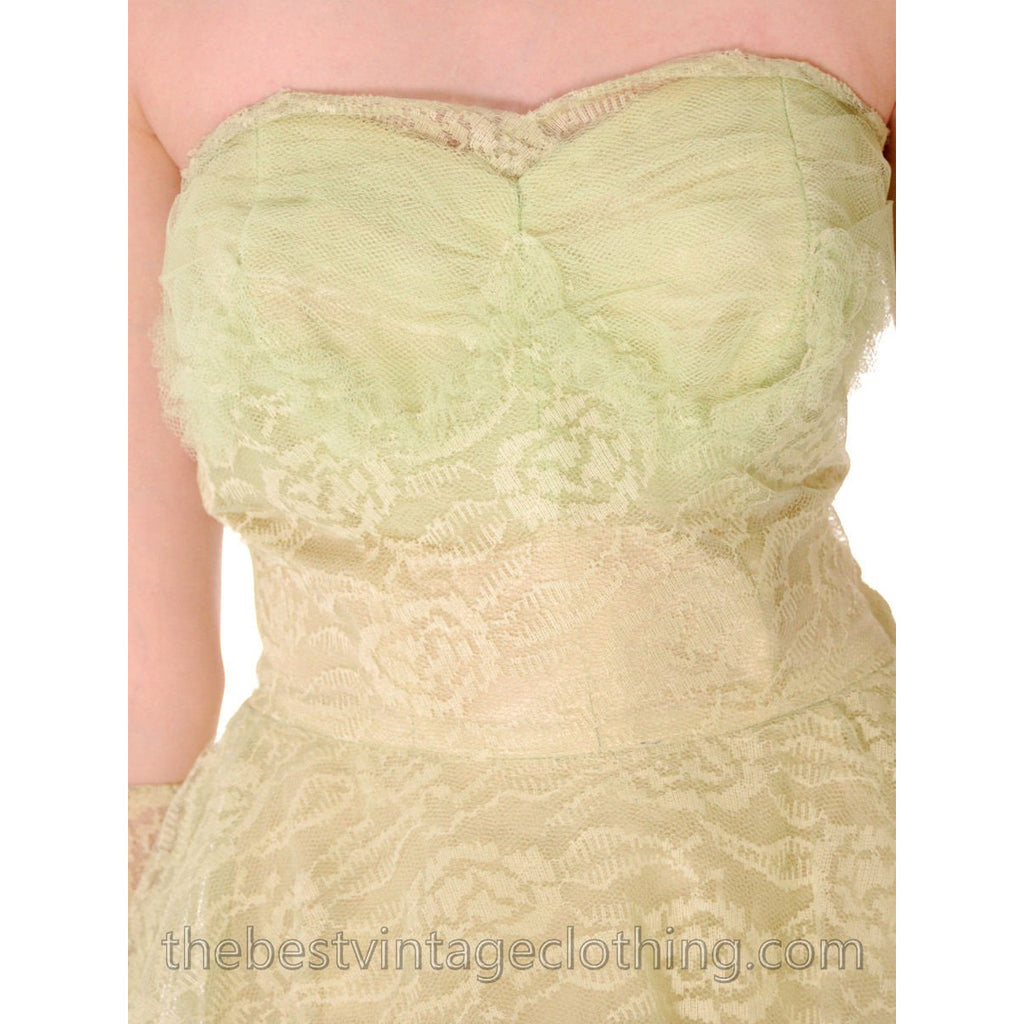 Vtg 1950s Strapless Pale Green Tulle w Wristlets Prom Party Evening Gown Dress S 32-25-Free dress The Best Vintage Clothing