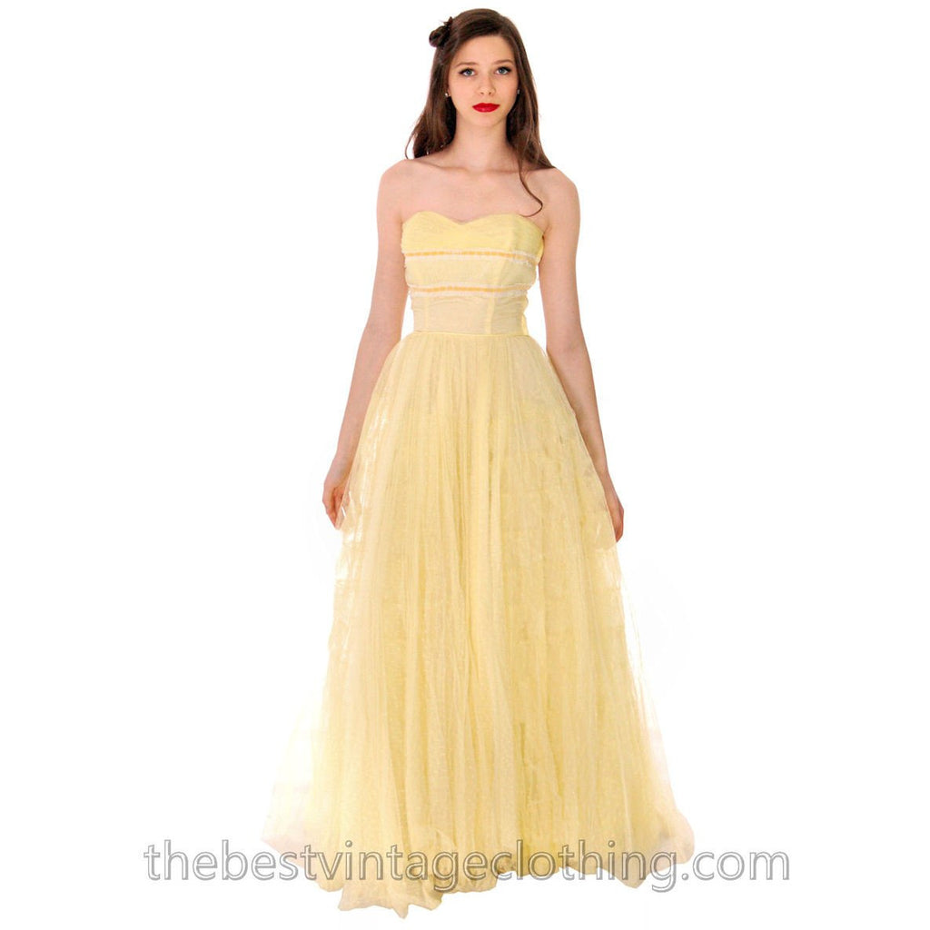 Vtg 1950s Strapless Yellow Tulle Prom Party Evening Gown Dress SIZE S 32-22-Free dress The Best Vintage Clothing