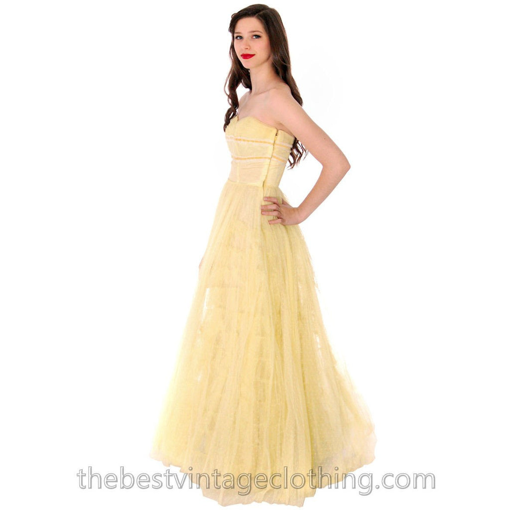 Vtg 1950s Strapless Yellow Tulle Prom Party Evening Gown Dress SIZE S 32-22-Free dress The Best Vintage Clothing