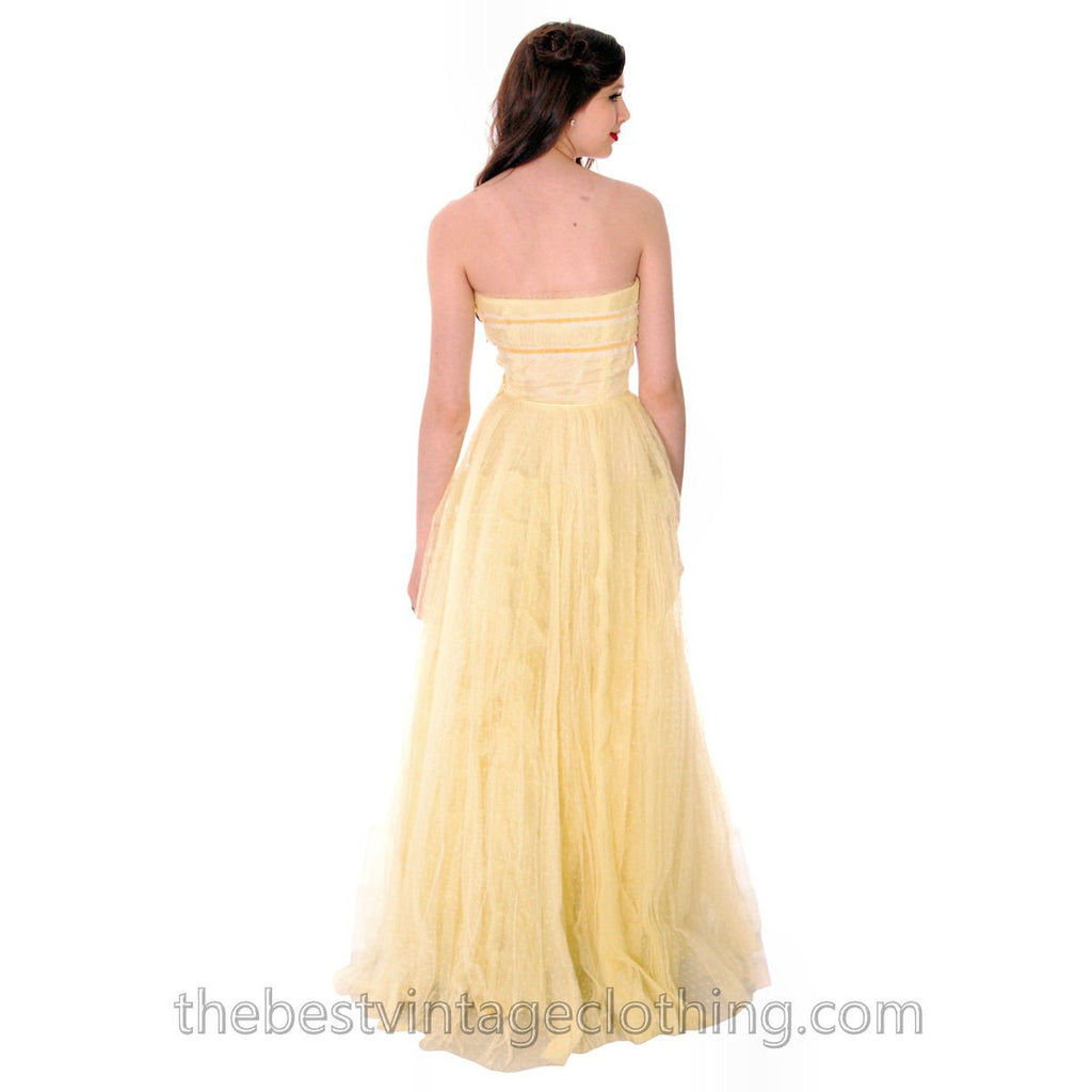 Vtg 1950s Strapless Yellow Tulle Prom Party Evening Gown Dress SIZE S 32-22-Free dress The Best Vintage Clothing