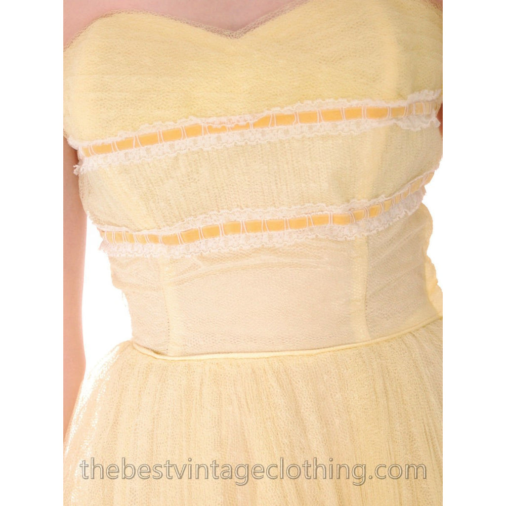 Vtg 1950s Strapless Yellow Tulle Prom Party Evening Gown Dress SIZE S 32-22-Free dress The Best Vintage Clothing