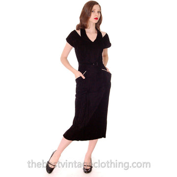 1950s Black Velvet Vintage Wiggle Dress White Piping Unique Halter Neckline Size S 32-25-34 dress The Best Vintage Clothing