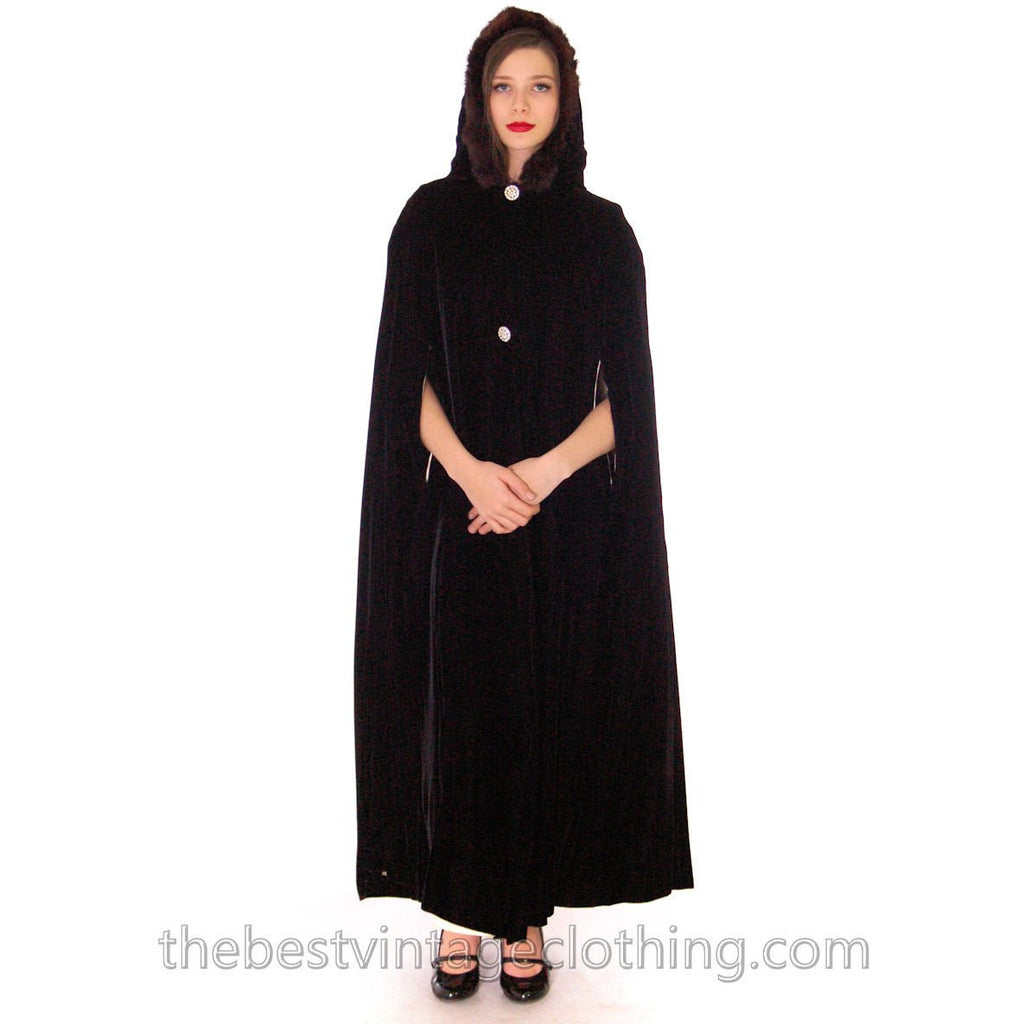 1950s Velvet Cape Womens Vintage Hooded Evening Fur Trimmed Rhinestone Buttons S-M The Best Vintage Clothing