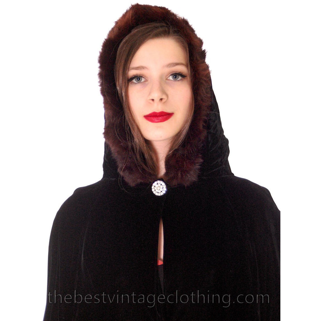 1950s Velvet Cape Womens Vintage Hooded Evening Fur Trimmed Rhinestone Buttons S-M The Best Vintage Clothing
