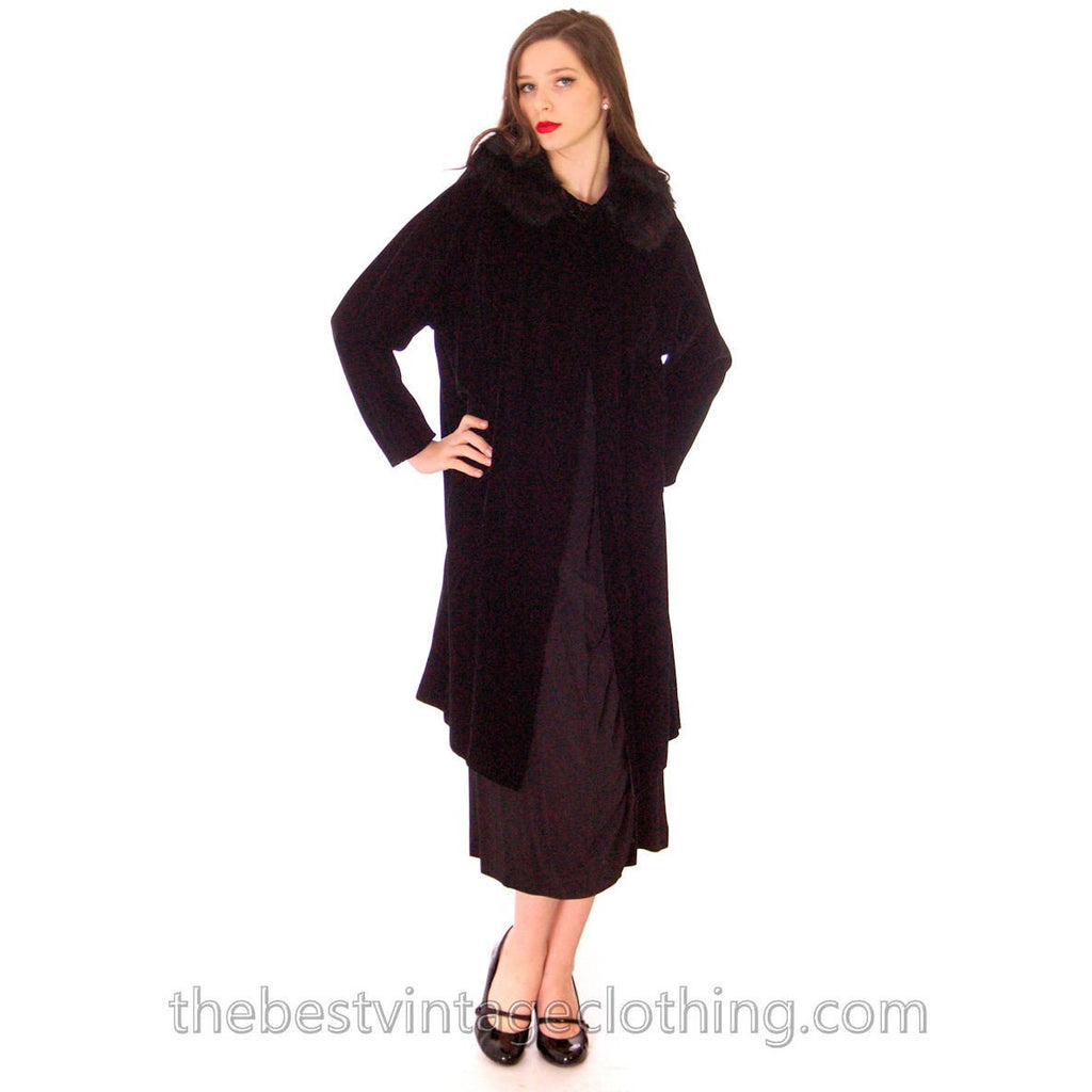 Vintage 1950s Womens Black Velvet Evening Coat Fur Trim Classic Style Fits S M L - The Best Vintage Clothing
 - 1