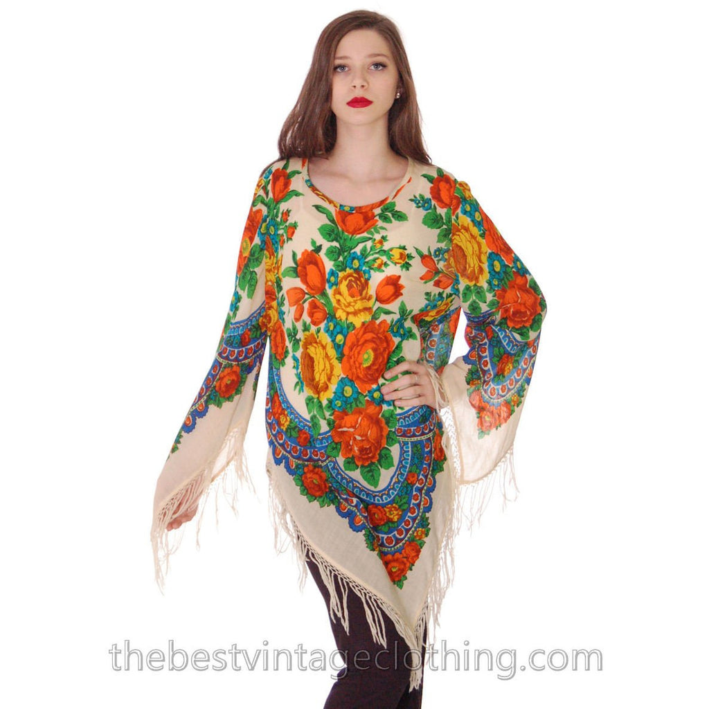 1960s Vintage Ethnic Fine Wool Tunic Blouse Fringe Floral Size O/S tops The Best Vintage Clothing