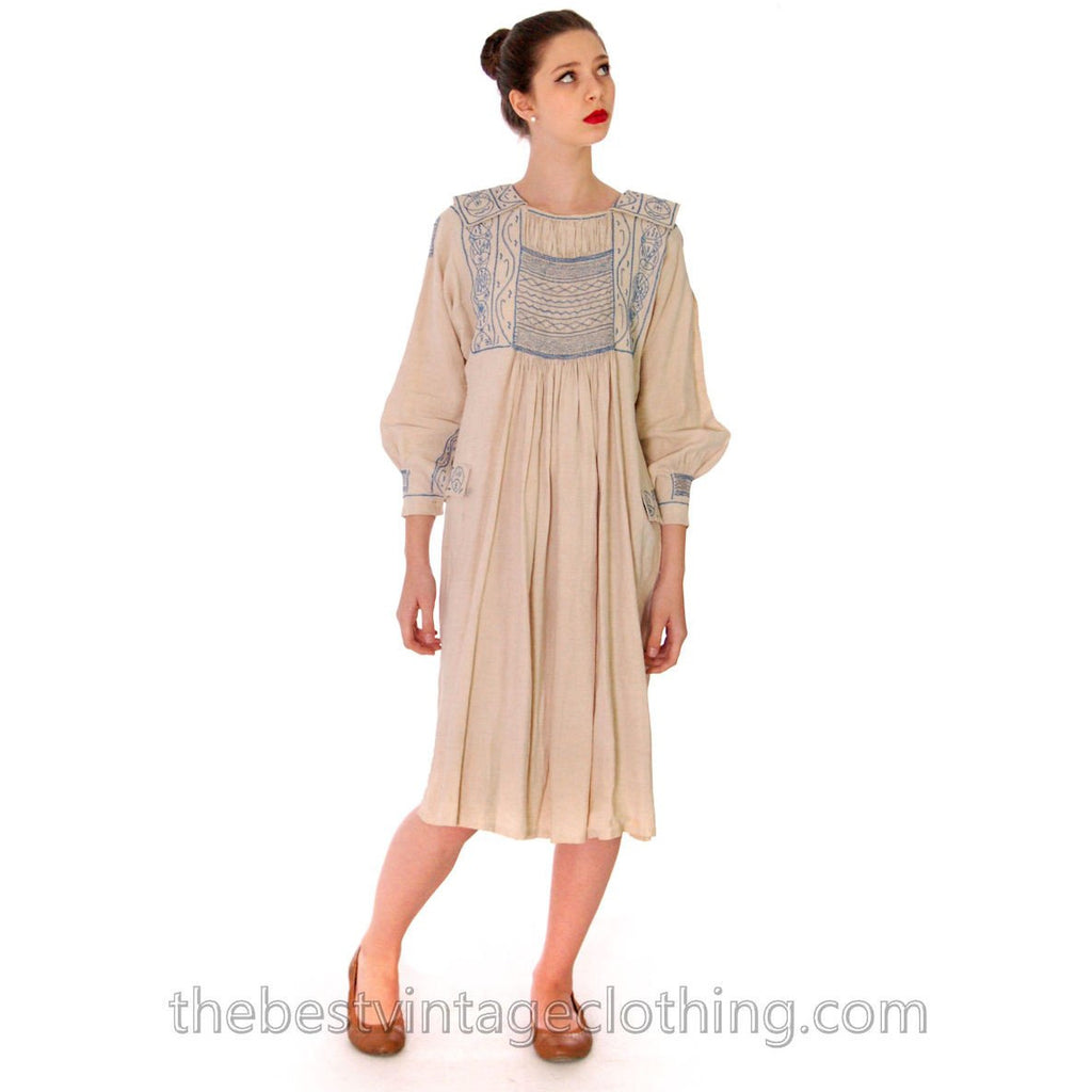 Vintage French Hand Embroidered Smocked Linen Dress Paris 1920s Blue / White Women's vendor-unknown