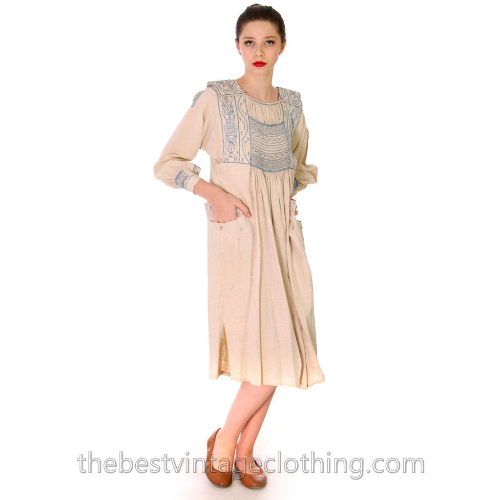 Vintage French Hand Embroidered Smocked Linen Dress Paris 1920s Blue / White Women's vendor-unknown