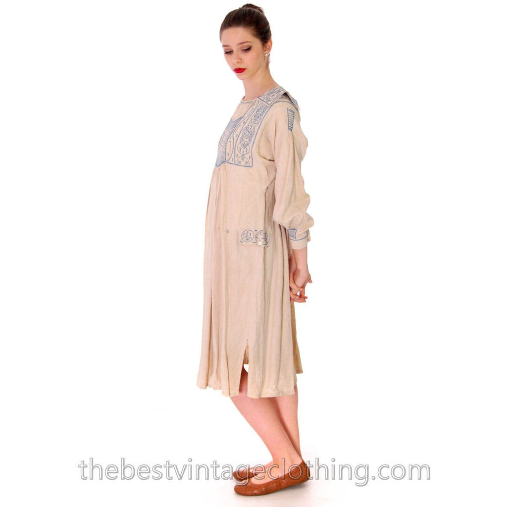 Vintage French Hand Embroidered Smocked Linen Dress Paris 1920s Blue / White Women's vendor-unknown