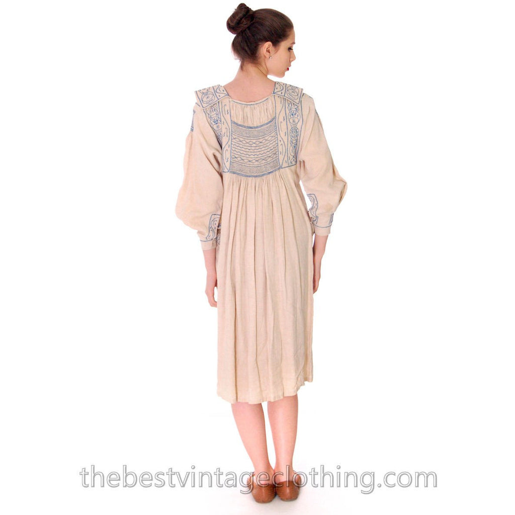 Vintage French Hand Embroidered Smocked Linen Dress Paris 1920s Blue / White Women's vendor-unknown