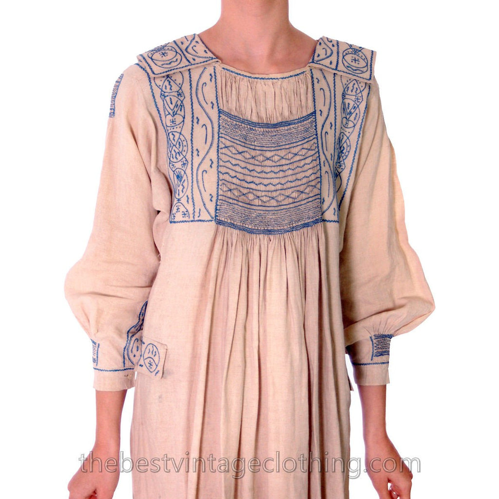 Vintage French Hand Embroidered Smocked Linen Dress Paris 1920s Blue / White Women's vendor-unknown