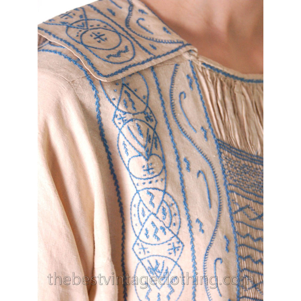 Vintage French Hand Embroidered Smocked Linen Dress Paris 1920s Blue / White Women's vendor-unknown