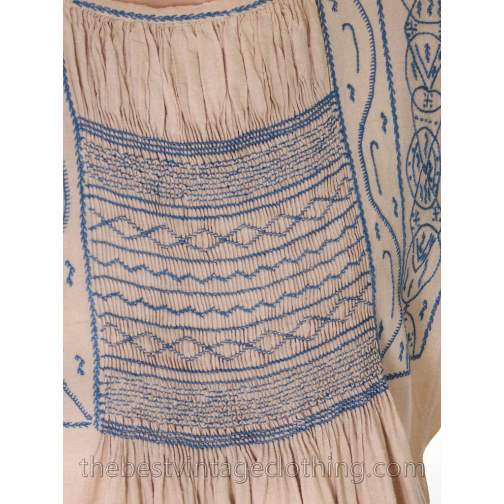 Vintage French Hand Embroidered Smocked Linen Dress Paris 1920s Blue / White Women's vendor-unknown