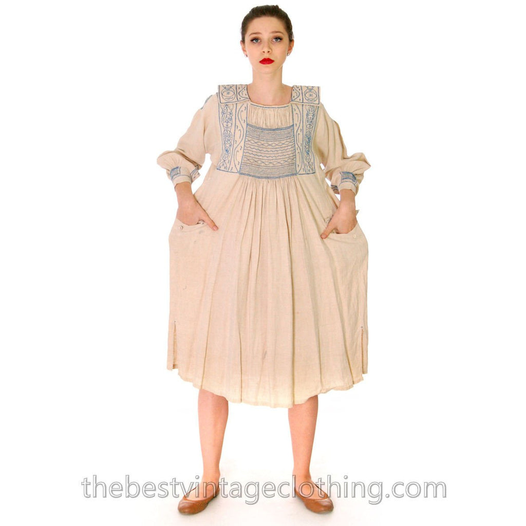 Vintage French Hand Embroidered Smocked Linen Dress Paris 1920s Blue / White Women's vendor-unknown