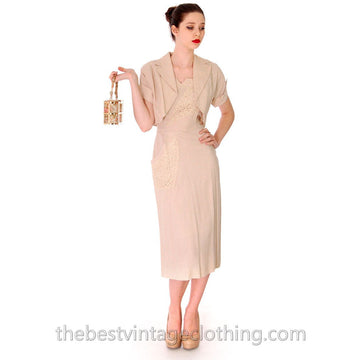 1950s Beige Rayon Day Dress & Jacket Vintage Lace Applique Never Worn  Size M 36-26-38 - The Best Vintage Clothing
 - 1