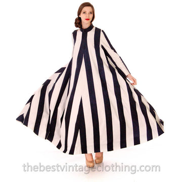 Vuokko Designer Iconic Tent Dress Vintage 1970s Navy Blue White Huge Stripes Size 40 S M marimekko The Best Vintage Clothing