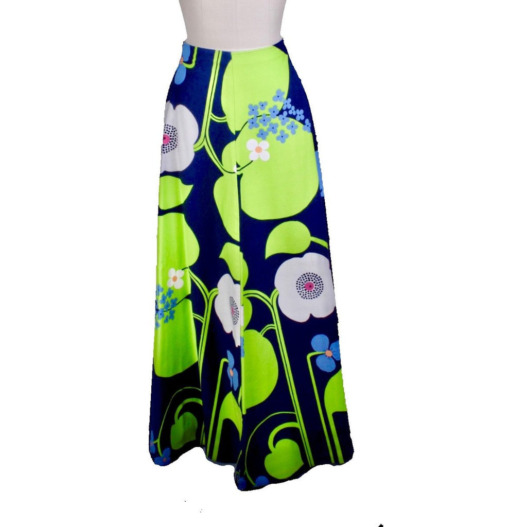 Vintage Pia & Paula Cotton Maxi Skirt Mod 1960s Big Floral A Line Womens 30" Waist marimekko The Best Vintage Clothing