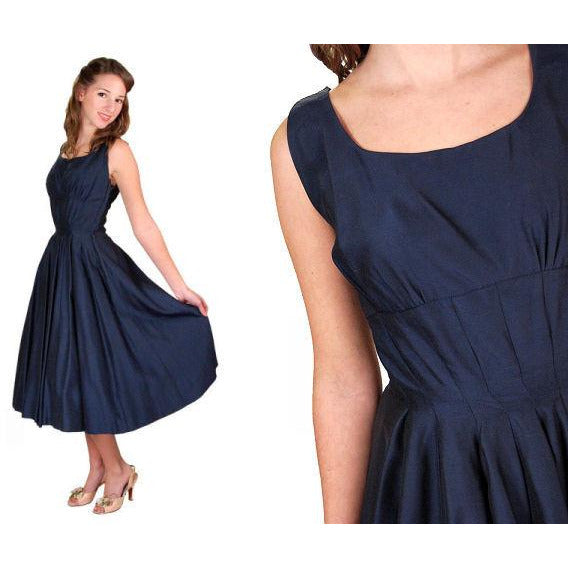 Vintage MCM Navy Day Dress Flattering Lines 1950s Full Skirt 34-24-Free Cart2cart The Best Vintage Clothing