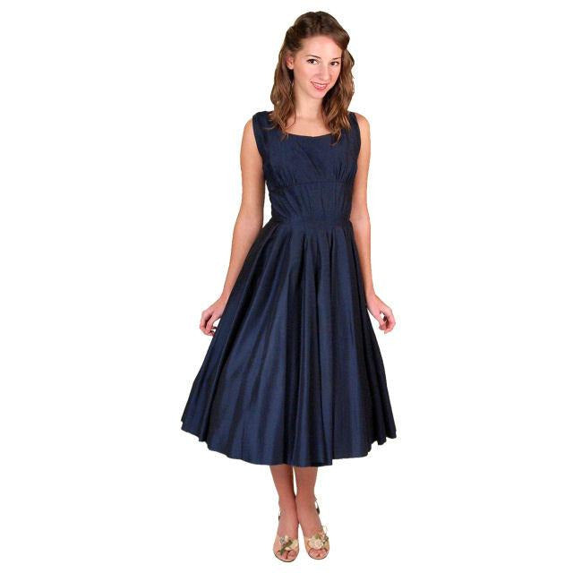 Vintage MCM Navy Day Dress Flattering Lines 1950s Full Skirt 34-24-Free Cart2cart The Best Vintage Clothing