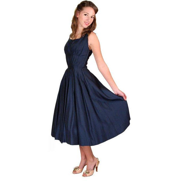 Vintage MCM Navy Day Dress Flattering Lines 1950s Full Skirt 34-24-Free Cart2cart The Best Vintage Clothing