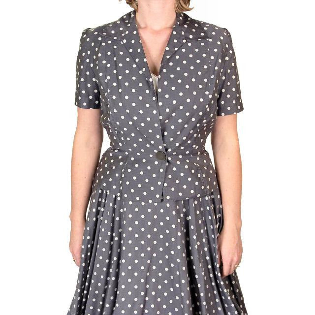 Vintage Gray Cotton Polka Dot Suit w/ Full Skirt 1950S 38-24-Free Cart2cart The Best Vintage Clothing