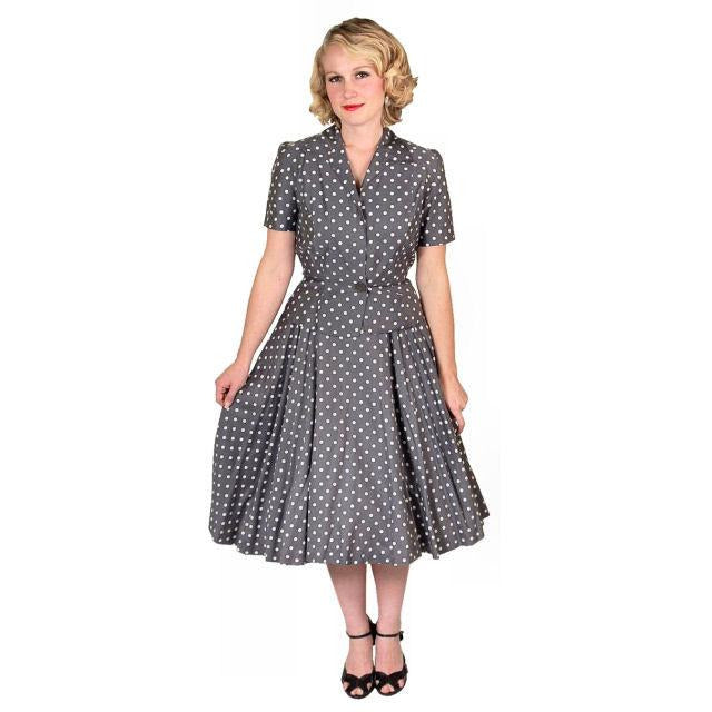 Vintage Gray Cotton Polka Dot Suit w/ Full Skirt 1950S 38-24-Free Cart2cart The Best Vintage Clothing